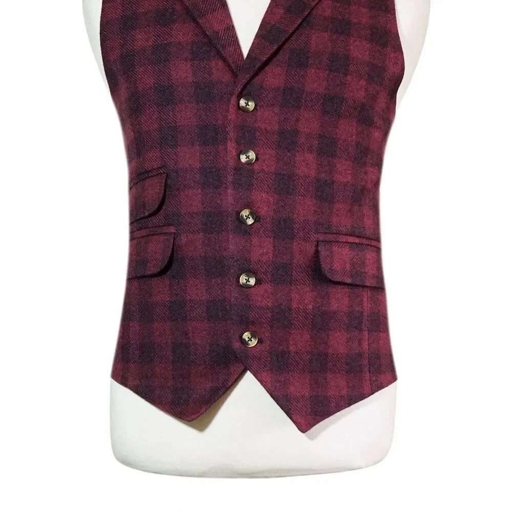 Mens 46R Wool Vest Burgundy Black Plaid Check Waistcoat Formal Wedding Party